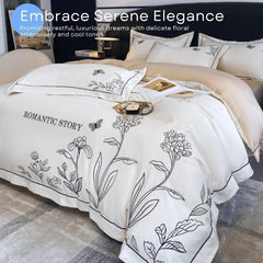 Dora Mill Washed Ice Silk Quilt Cover Bedsheet Set – Romantic Embroidery | Queen / King #BAL