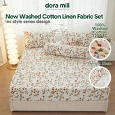 DORAMILL Wash Cotton Linen Ins Style Comforter Fitted Bedsheet Set #DAT