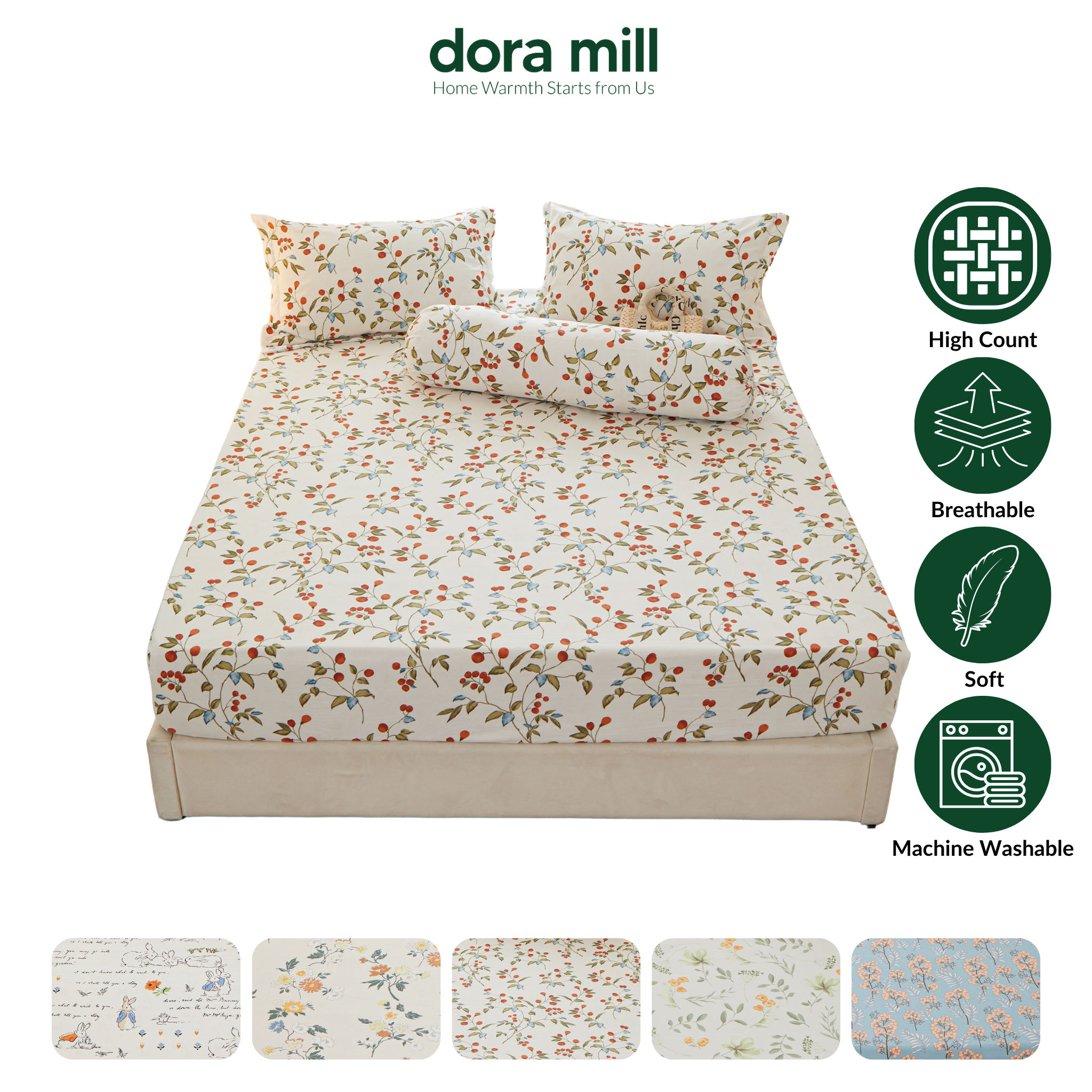 Washed Cotton Linen Fitted Bed Sheet Set with Pillow and Bolster Case by Dora Mill#DAT