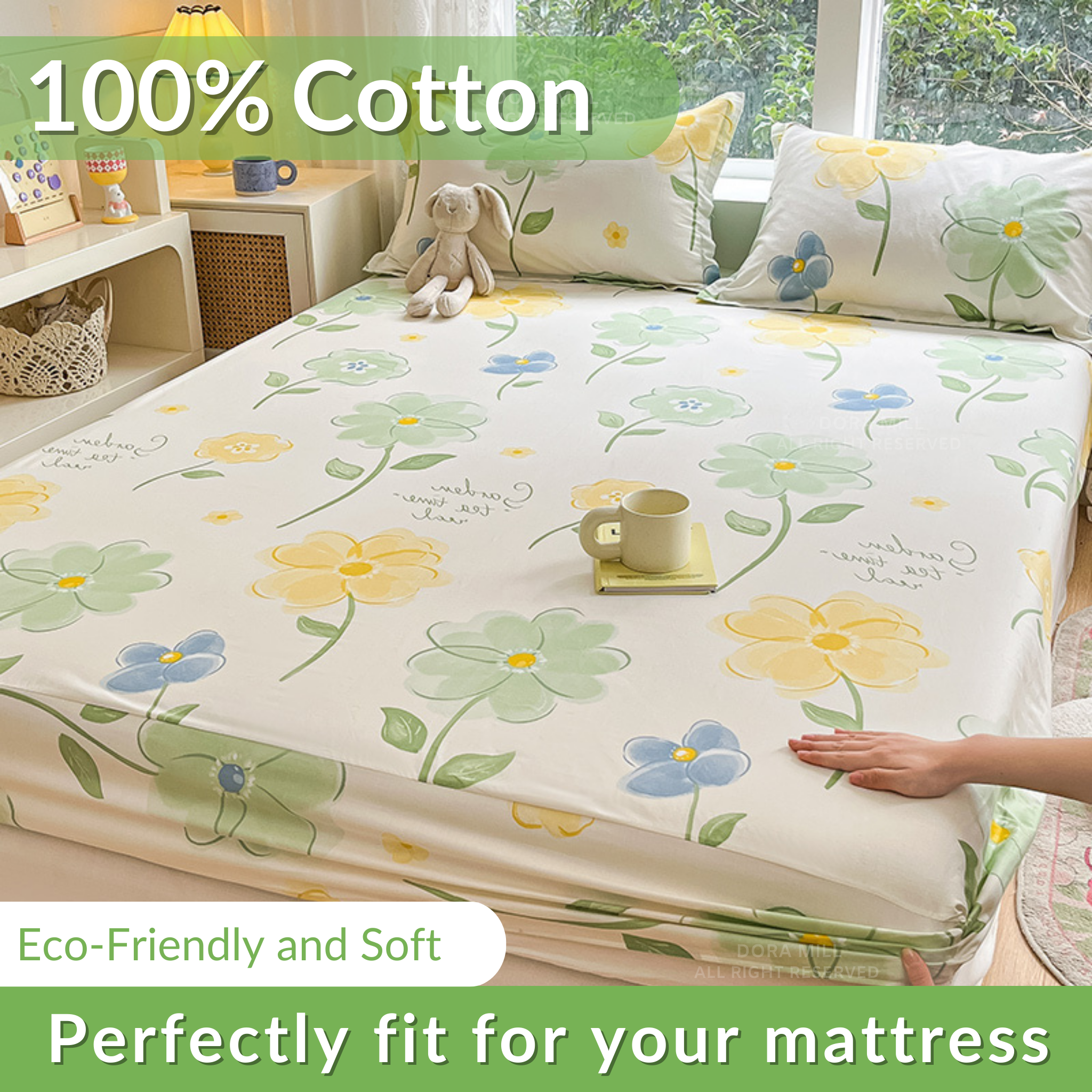 Dora Mill 100% Pure Cotton Fitted Bedsheet and Pillow Case - Super Single/Queen/King #BFF