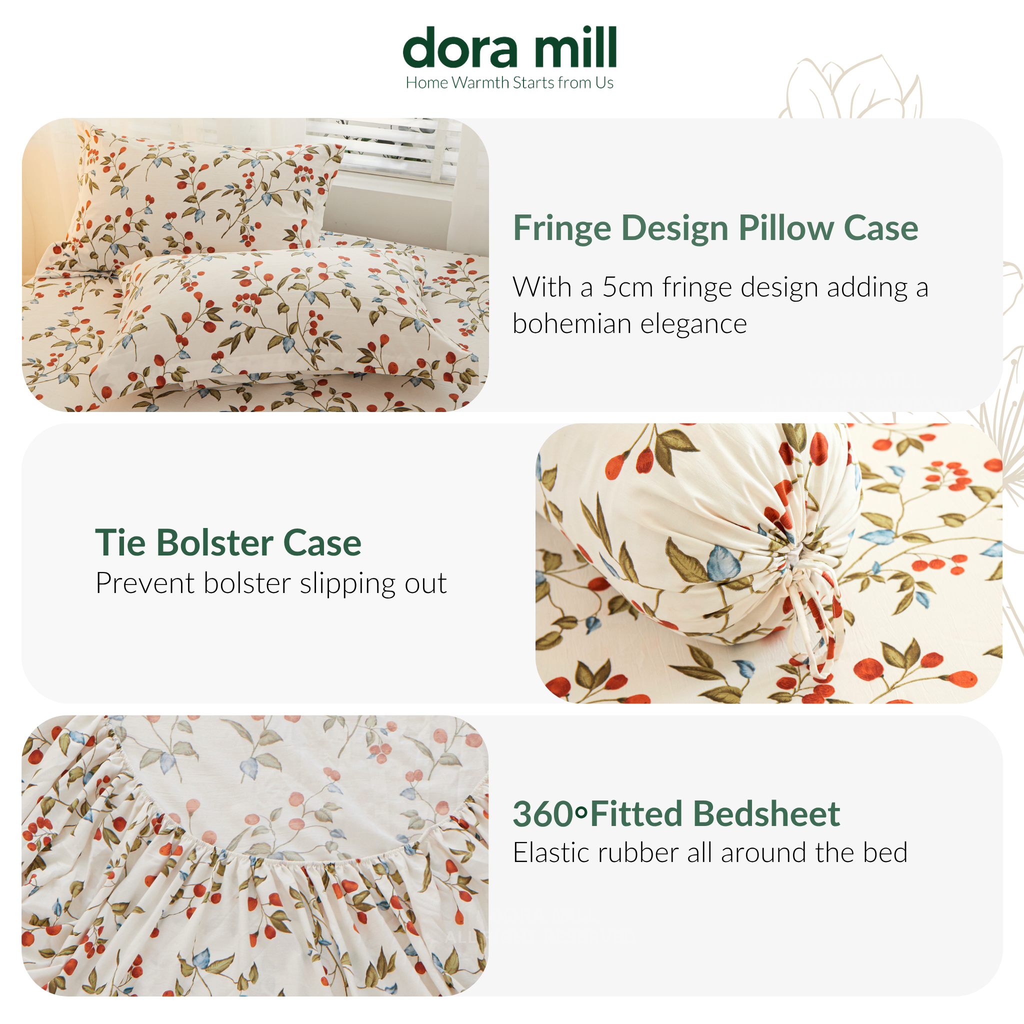 Washed Cotton Linen Fitted Bed Sheet Set with Pillow and Bolster Case by Dora Mill#DAT