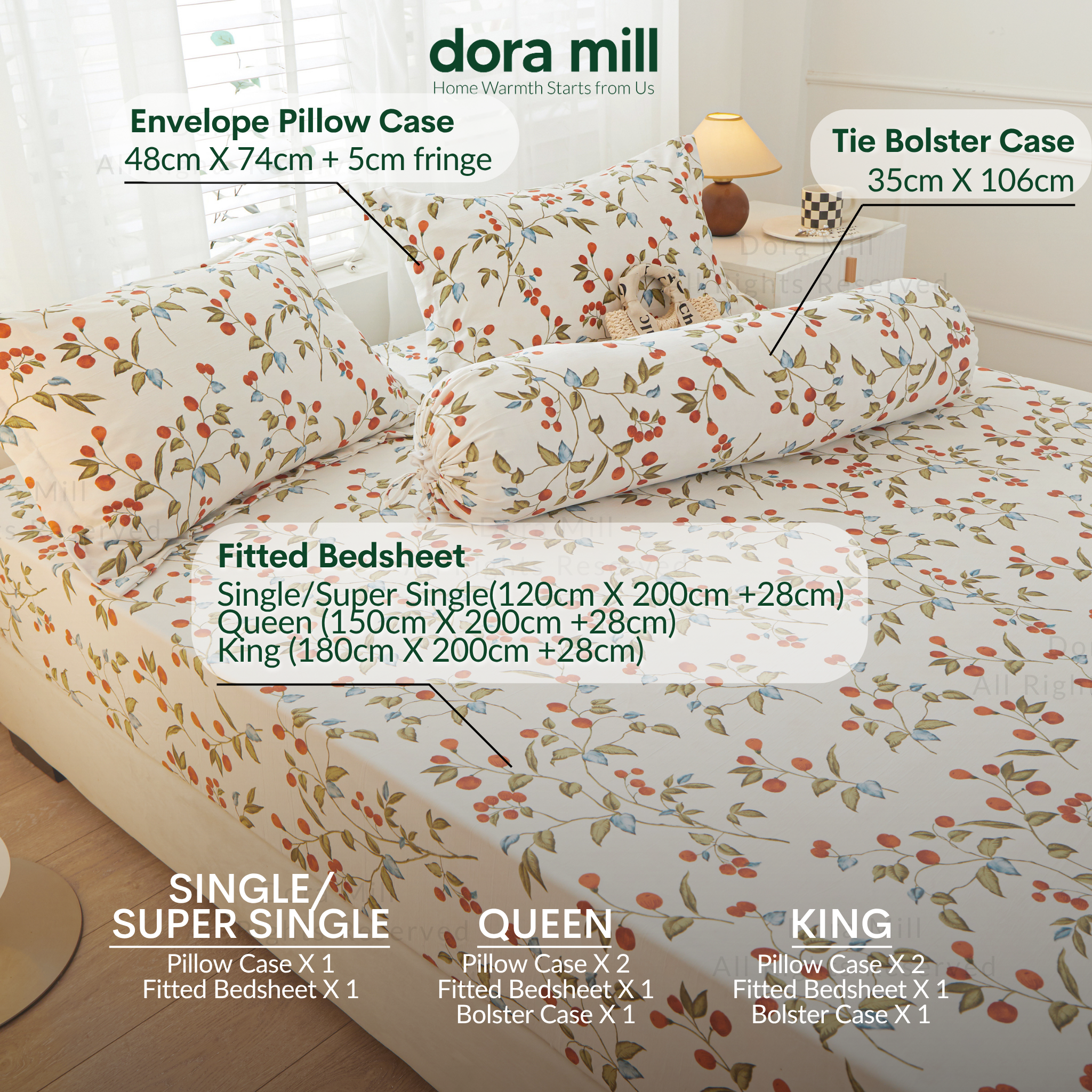 Washed Cotton Linen Fitted Bed Sheet Set with Pillow and Bolster Case by Dora Mill#DAT