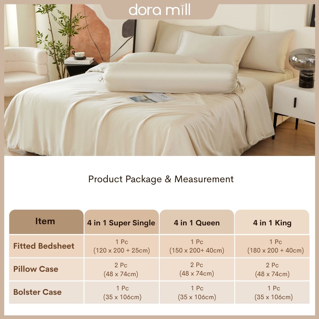 DORAMILL 60S 100% Tencel Lyocell Ultra Soft Fitted Bedsheet Pillow Case Bolster Case Quilt Cover 60S