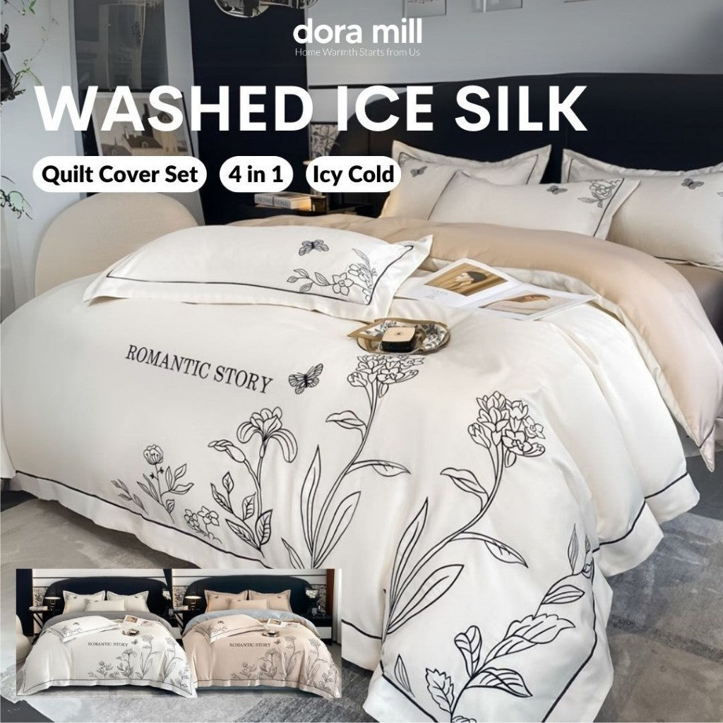 Dora Mill Washed Ice Silk Quilt Cover Bedsheet Set – Romantic Embroidery | Queen / King #BAL