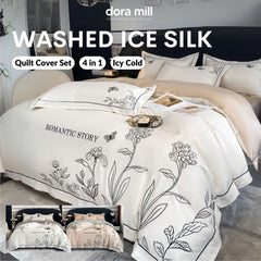 Dora Mill Washed Ice Silk Quilt Cover Bedsheet Set – Romantic Embroidery | Queen / King #BAL