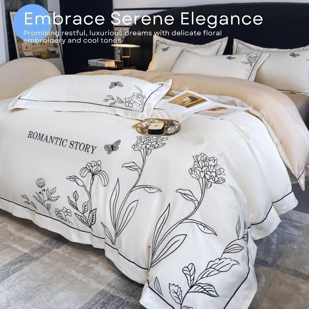 Dora Mill Washed Ice Silk Quilt Cover Bedsheet Set – Romantic Embroidery | Queen / King #BAL