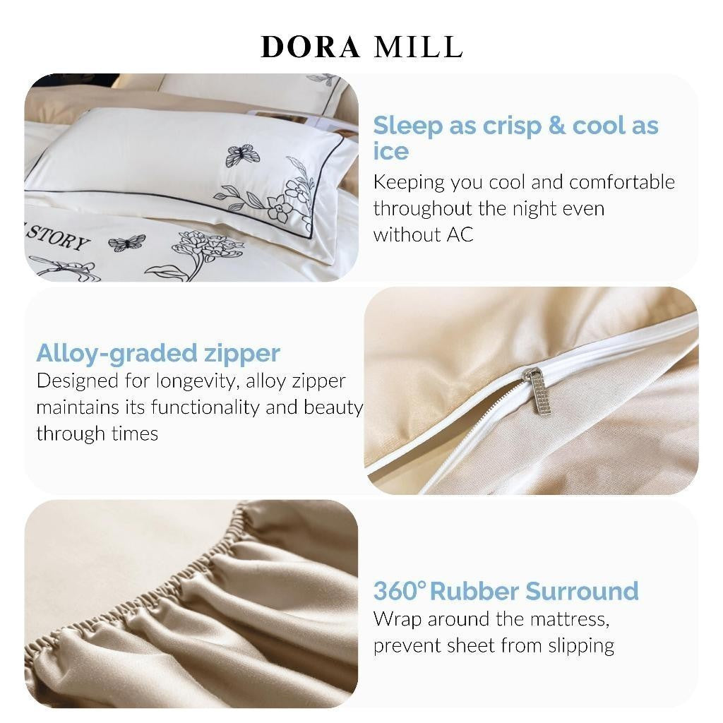 Dora Mill Washed Ice Silk Quilt Cover Bedsheet Set – Romantic Embroidery | Queen / King #BAL