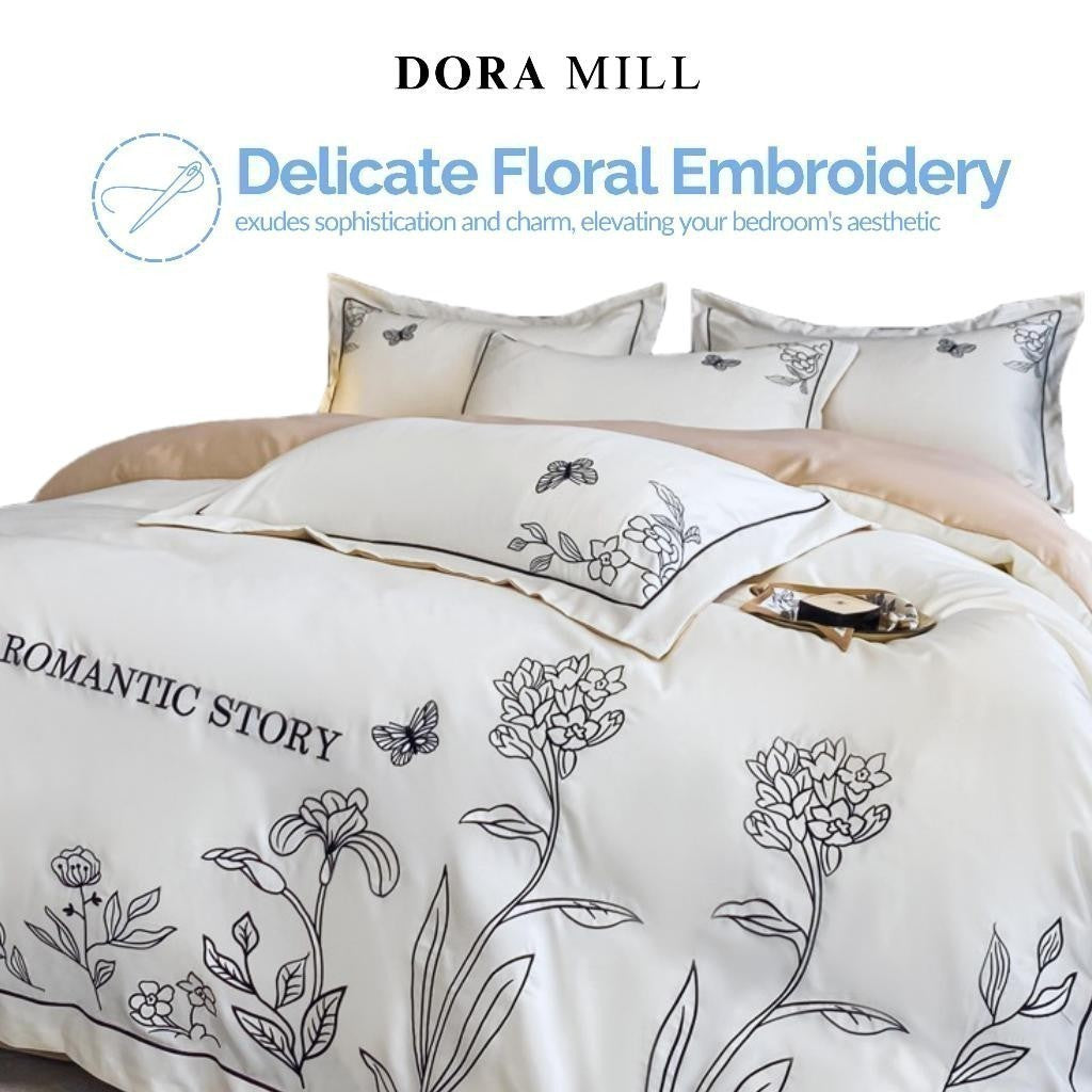 Dora Mill Washed Ice Silk Quilt Cover Bedsheet Set – Romantic Embroidery | Queen / King #BAL