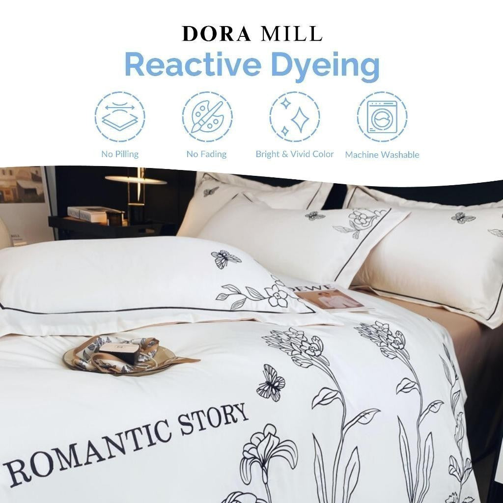 Dora Mill Washed Ice Silk Quilt Cover Bedsheet Set – Romantic Embroidery | Queen / King #BAL
