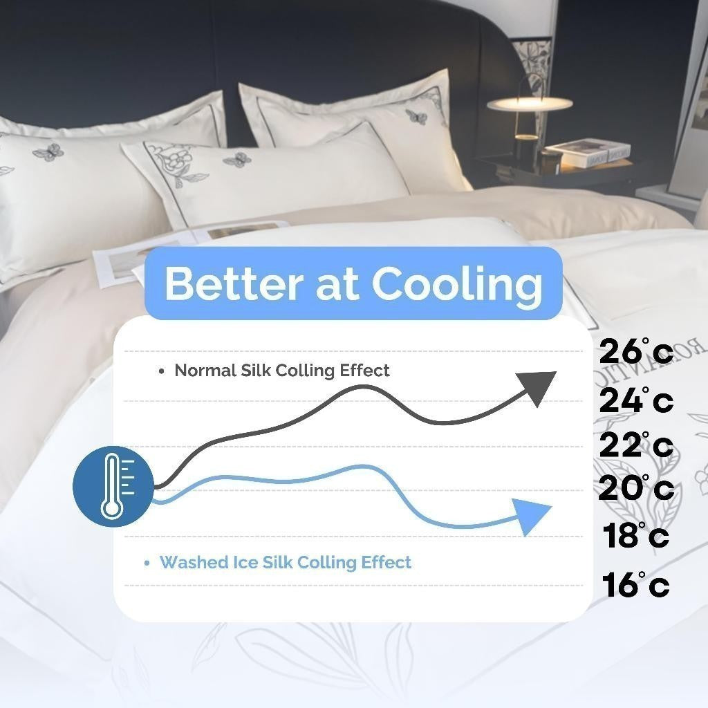 Dora Mill Washed Ice Silk Quilt Cover Bedsheet Set – Romantic Embroidery | Queen / King #BAL