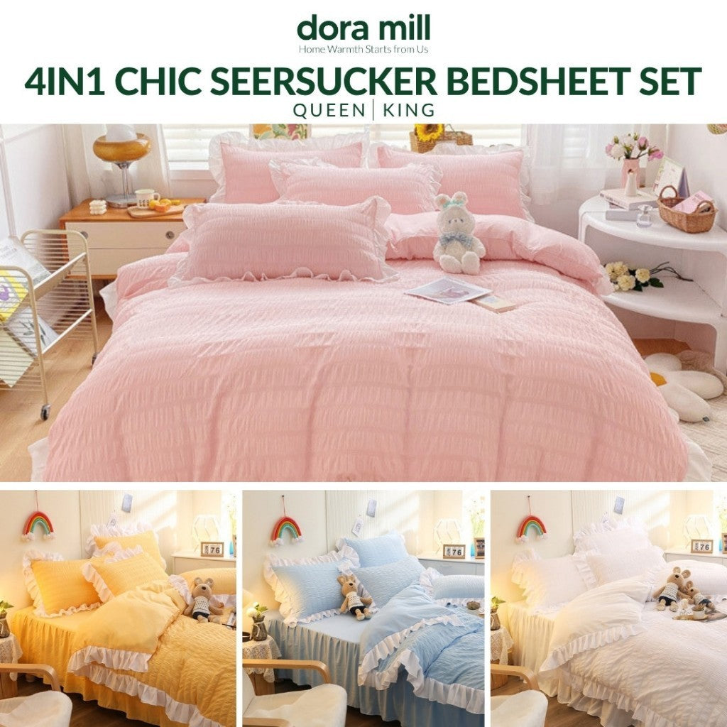 Dora Mill Seersucker Bed Skirt  Bedsheet w/Quilt Cover - Queen/King #BJA