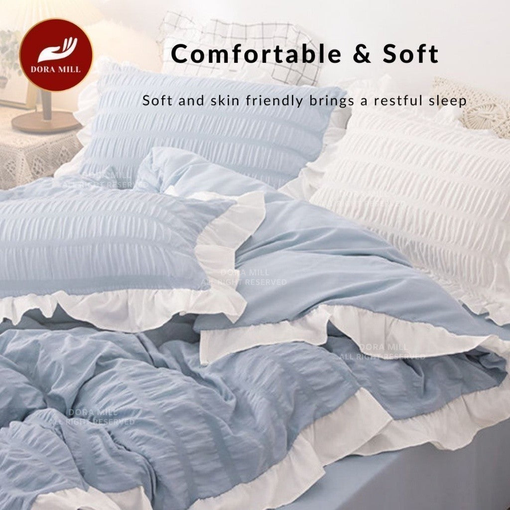 Dora Mill Seersucker Bed Skirt  Bedsheet w/Quilt Cover - Queen/King #BJA