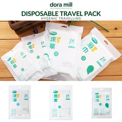 Set Peralatan Tempat Tidur &amp; Tuala Perjalanan Pakai Dora Mill Fabrik Bukan Tenunan – Cadar/Sarung Bantal/Tuala Mandi/Tuala Muka/Sarung Tempat Duduk Tandas #BTA