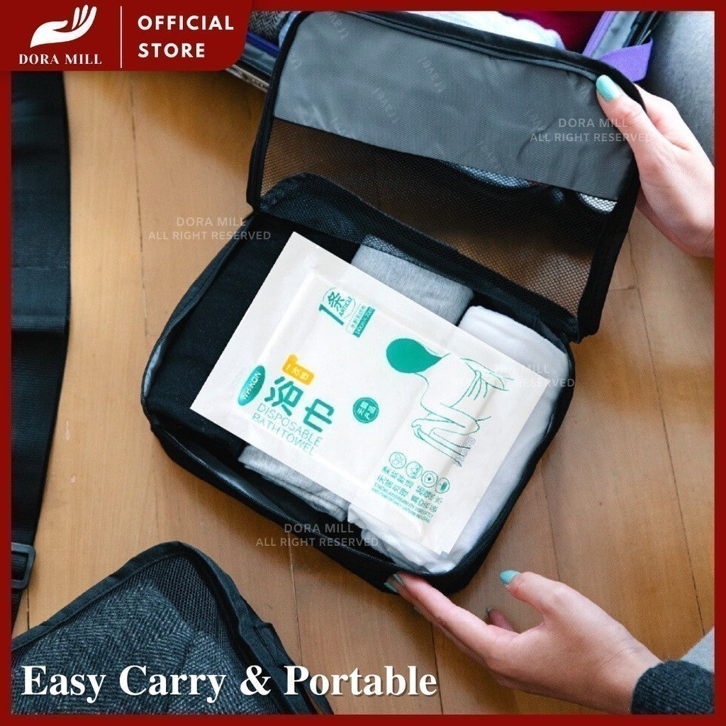 Set Peralatan Tempat Tidur &amp; Tuala Perjalanan Pakai Dora Mill Fabrik Bukan Tenunan – Cadar/Sarung Bantal/Tuala Mandi/Tuala Muka/Sarung Tempat Duduk Tandas #BTA