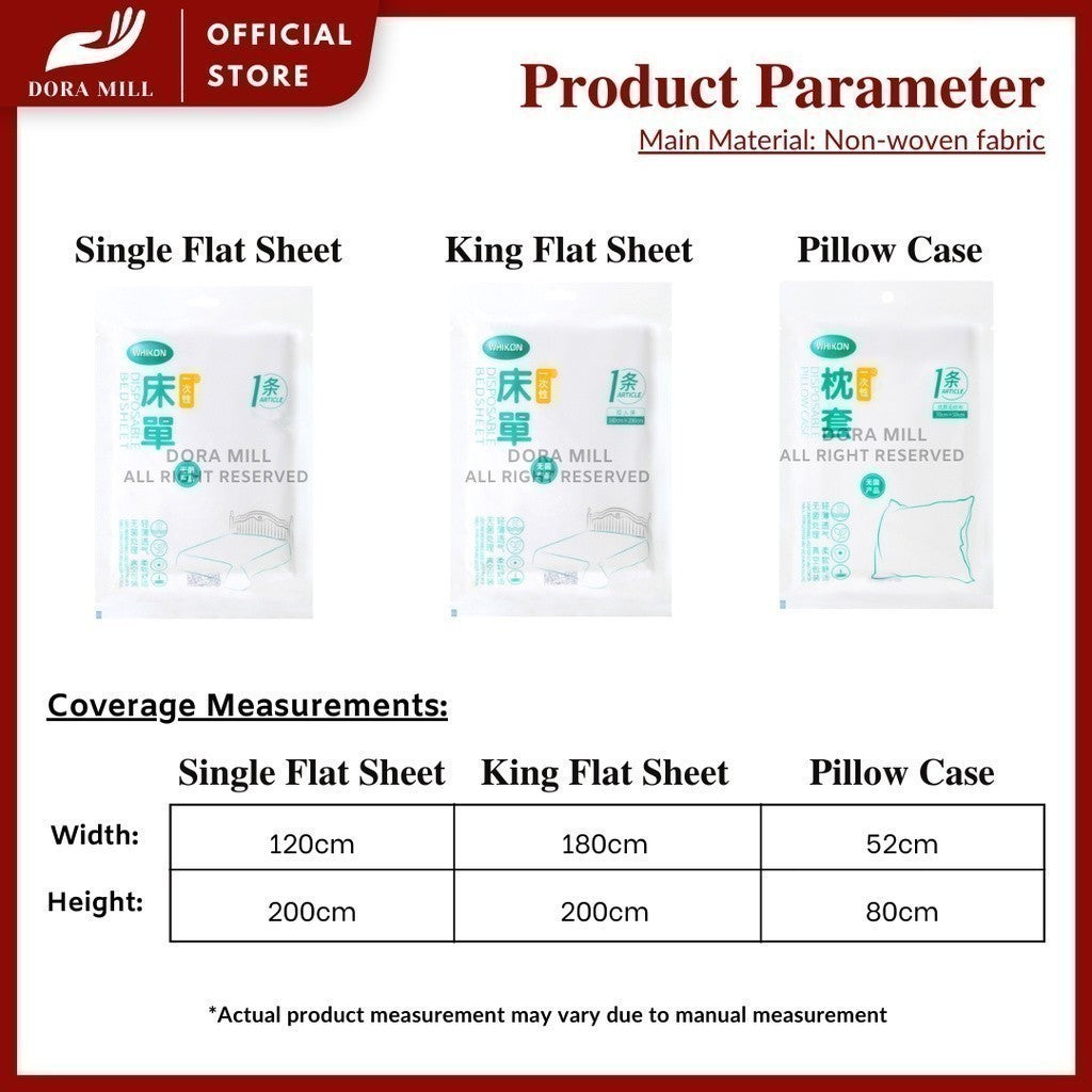 Set Peralatan Tempat Tidur &amp; Tuala Perjalanan Pakai Dora Mill Fabrik Bukan Tenunan – Cadar/Sarung Bantal/Tuala Mandi/Tuala Muka/Sarung Tempat Duduk Tandas #BTA