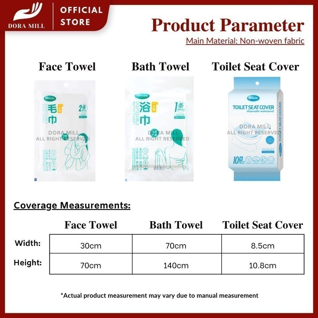 Set Peralatan Tempat Tidur &amp; Tuala Perjalanan Pakai Dora Mill Fabrik Bukan Tenunan – Cadar/Sarung Bantal/Tuala Mandi/Tuala Muka/Sarung Tempat Duduk Tandas #BTA