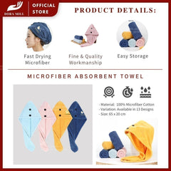 Tuala Rambut Balut Microfiber Gaya Dora Mill – Penyerap Kuat &amp; Pengeringan Pantas Tuala Pancuran Mandi #WTJ