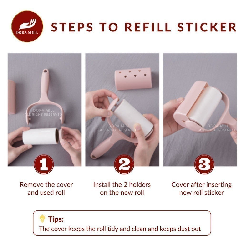 Dora Mill Refillable Lint Roller Dust Remover – Sticker Roller Brush for Clothes, Furniture, Carpet, Pet Fur, Dust, and Dirt #HRA