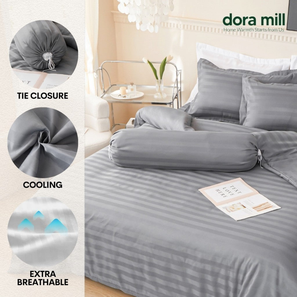 DORAMILL 3cm Stripes Bolster Case Sarung Bantal Peluk Cotton Linen 1200 TC Plain Hotel Quality #ABY