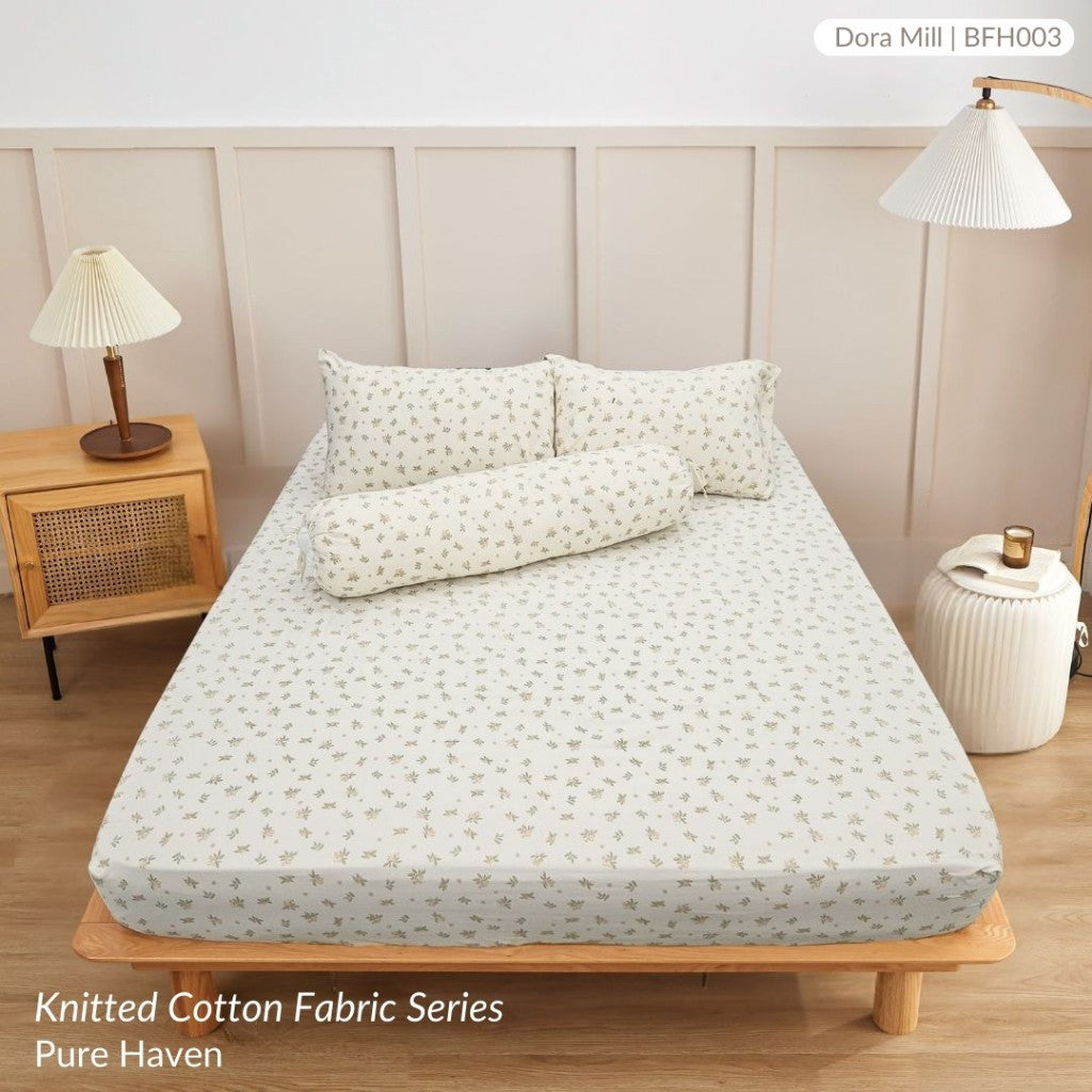 Dora Mill Knitted Cotton Fitted Bedsheet, Pillow Case & Bolster Case – Grade A Breathable & Stretchable Bedding