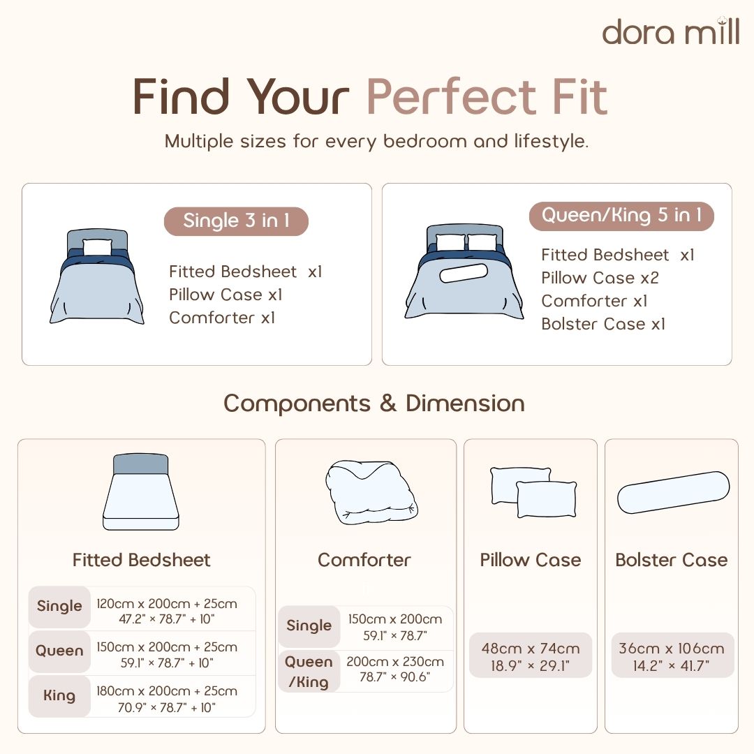 DORAMILL Premium AirWeave Washed Cotton Linen Feel  3in1Single/5in1 Queen King Comforter Bedsheet Set SoyBean Fiber #BBT