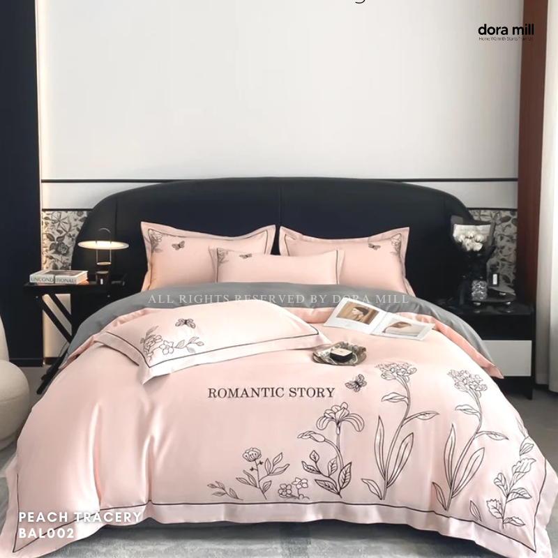 Dora Mill Washed Ice Silk Quilt Cover Bedsheet Set – Romantic Embroidery | Queen / King #BAL