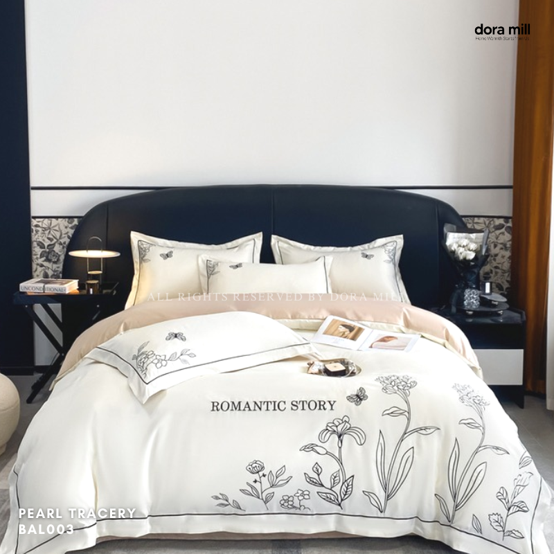 Dora Mill Washed Ice Silk Quilt Cover Bedsheet Set – Romantic Embroidery | Queen / King #BAL