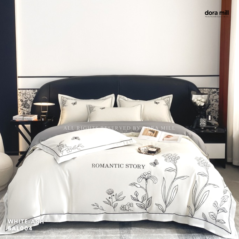 Set Cadar Ais Sutera Kilang Dicuci Sarung Katil - Sulaman Romantik | Ratu / Raja #BAL