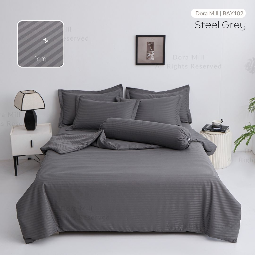 DORAMILL Crystal Satin Stripes Plain Colour Quilt Cover Bedsheet Set #BAY