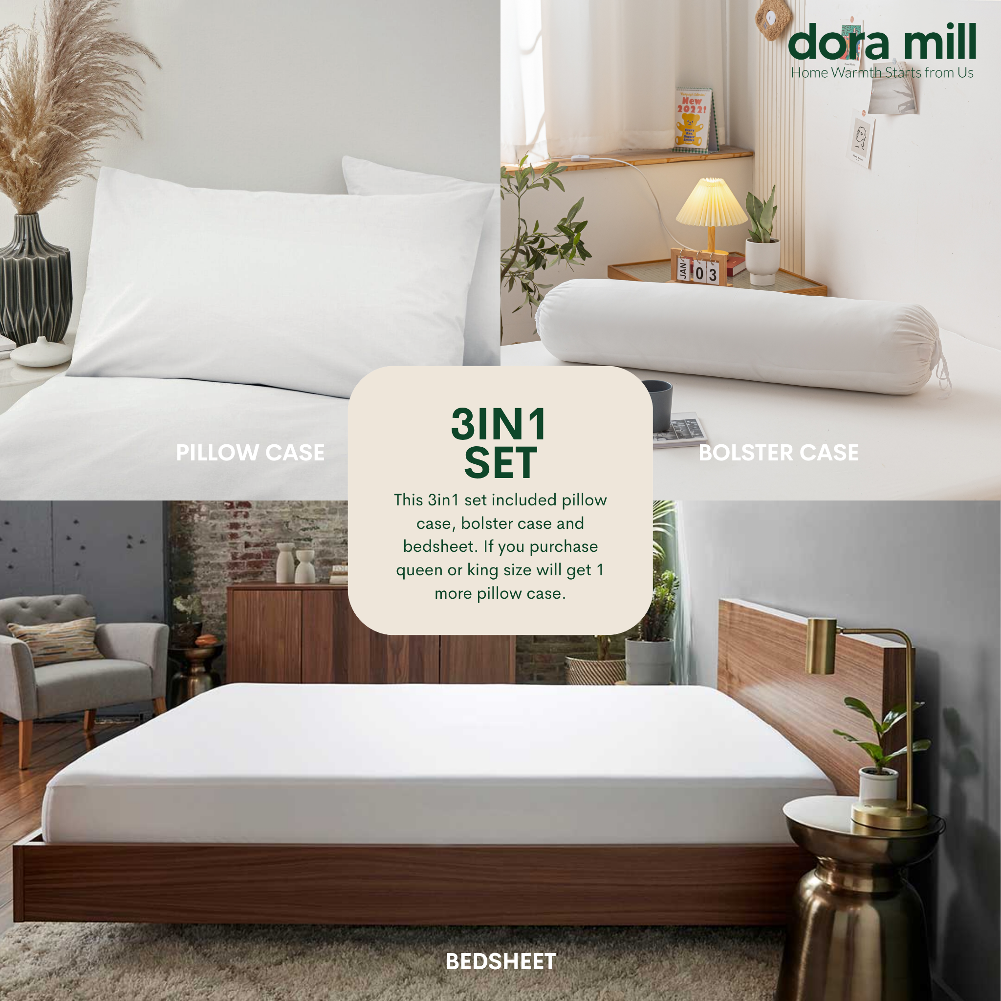 Plain Color Aloe Cotton Fitted Bedsheet with Pillowcase and Bolster Case Set by Dora Mill #BBP