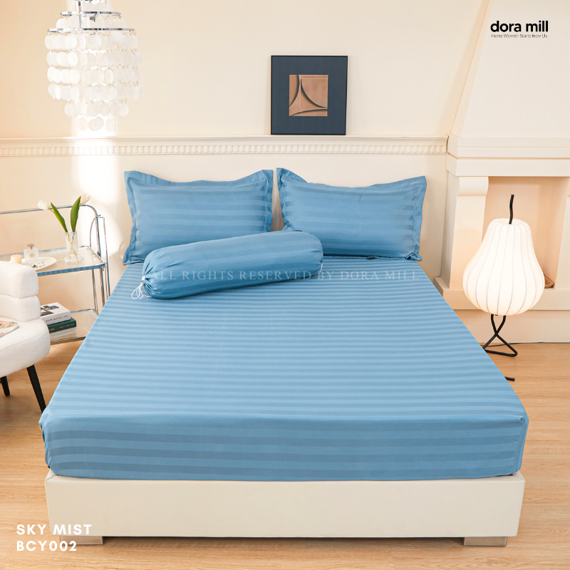 Set Tempat Tidur Koleksi Hotel Stripe 3cm dengan Sarung Bantal Sarung Kuilt dan Bolster oleh Dora Mill#BCY