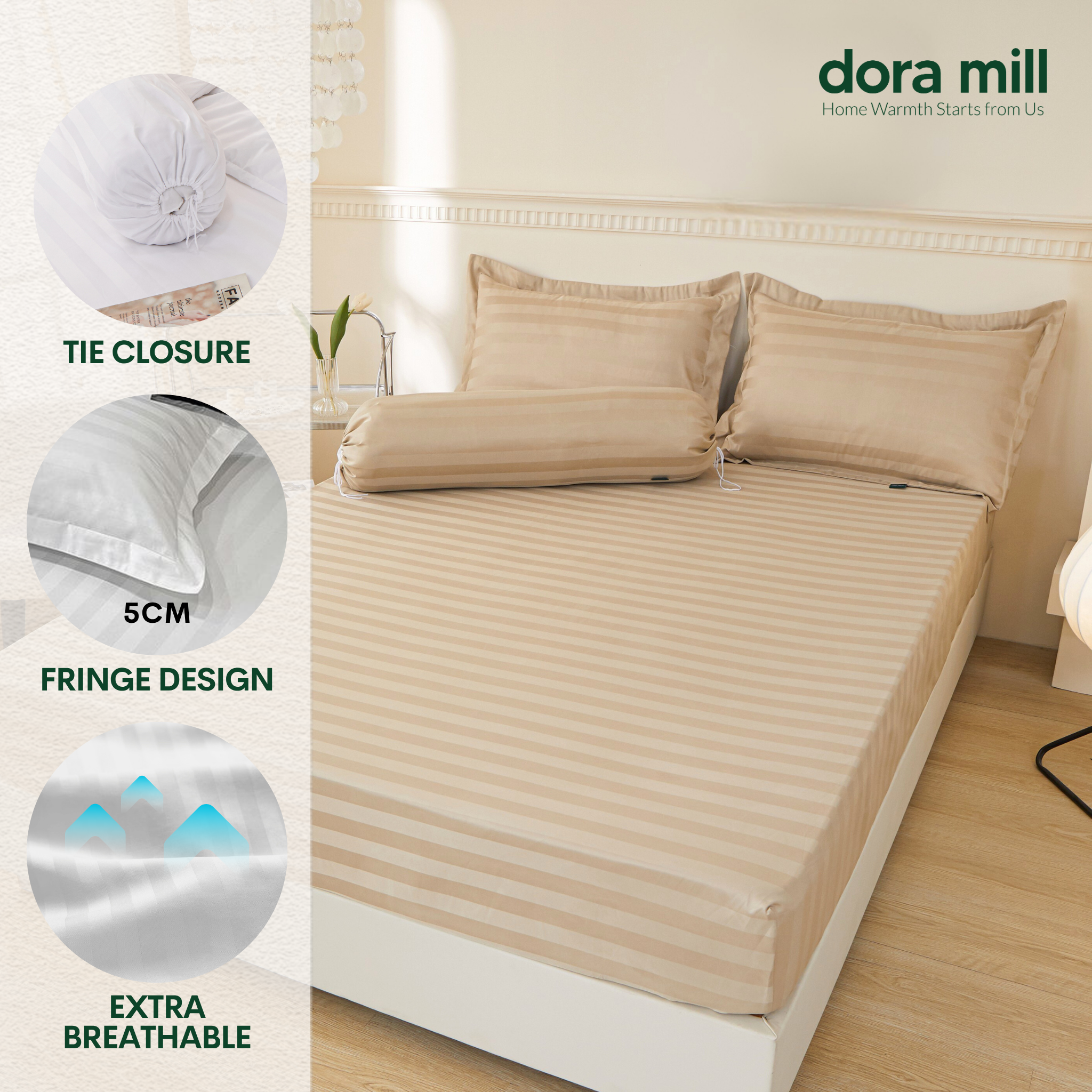 Set Tempat Tidur Koleksi Hotel Stripe 3cm dengan Sarung Bantal Sarung Kuilt dan Bolster oleh Dora Mill#BCY