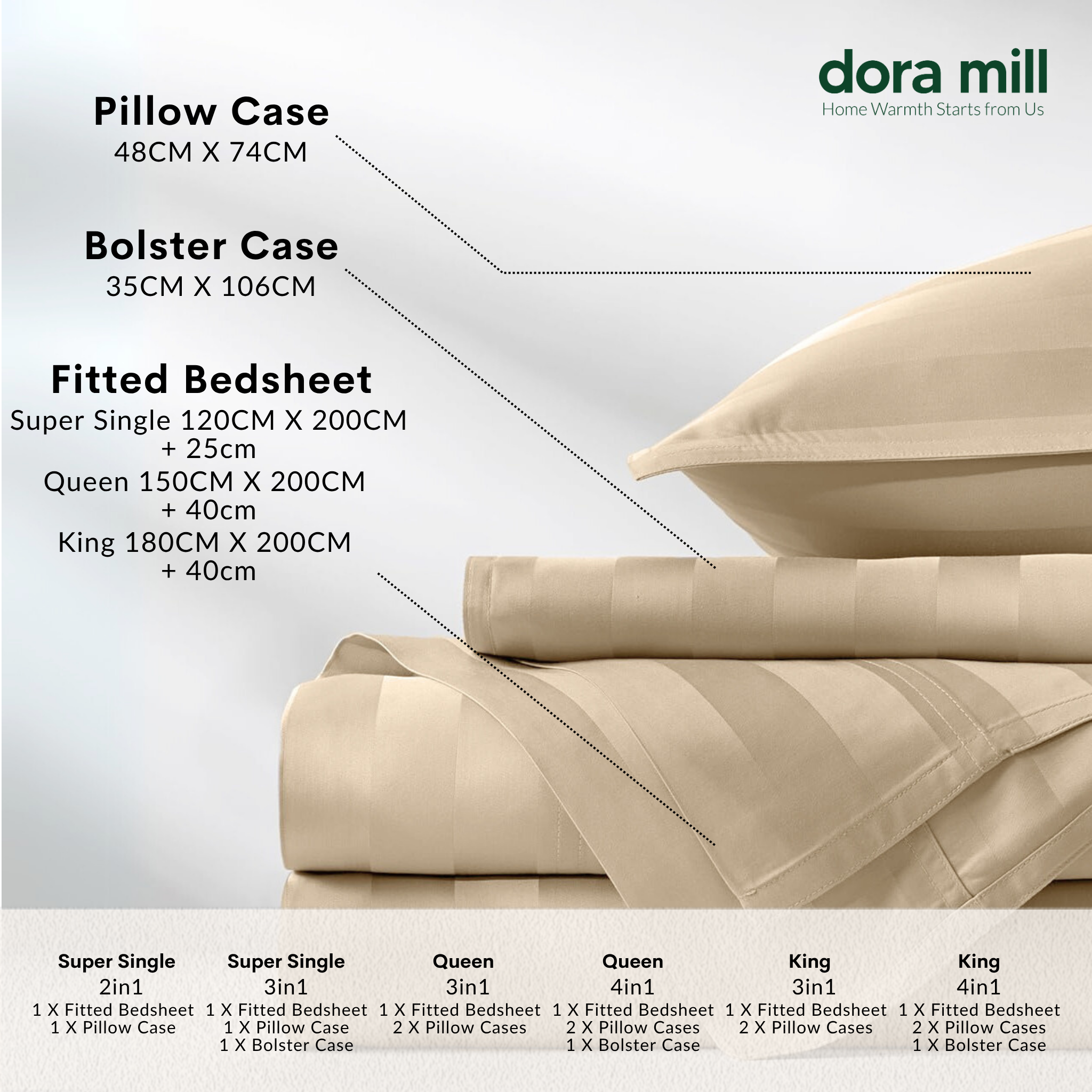 Set Tempat Tidur Koleksi Hotel Stripe 3cm dengan Sarung Bantal Sarung Kuilt dan Bolster oleh Dora Mill#BCY