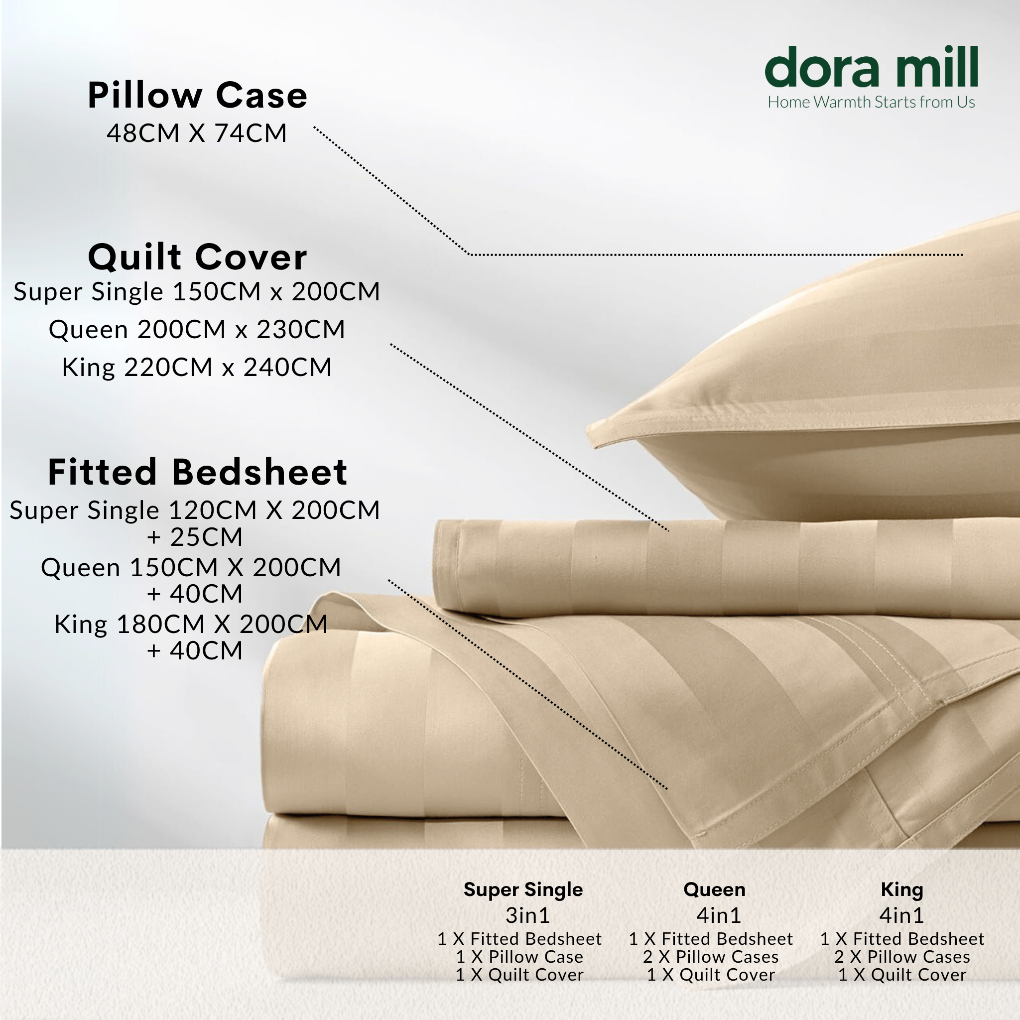 Set Tempat Tidur Koleksi Hotel Stripe 3cm dengan Sarung Bantal Sarung Kuilt dan Bolster oleh Dora Mill#BCY