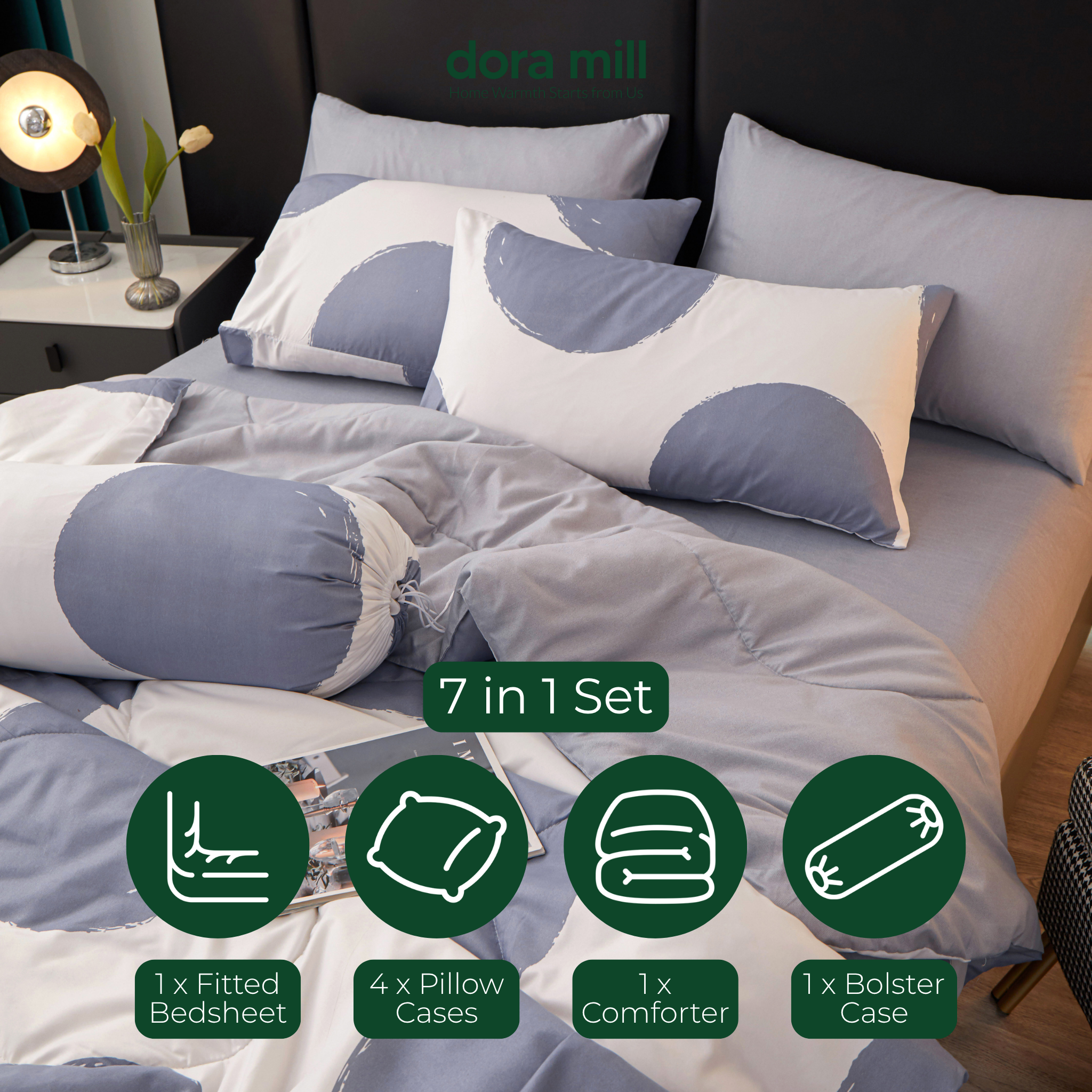 Dora Mill Combed Cotton 7-in-1 Bedsheet Set with Comforter & Bolster Case - Queen/King #BEA