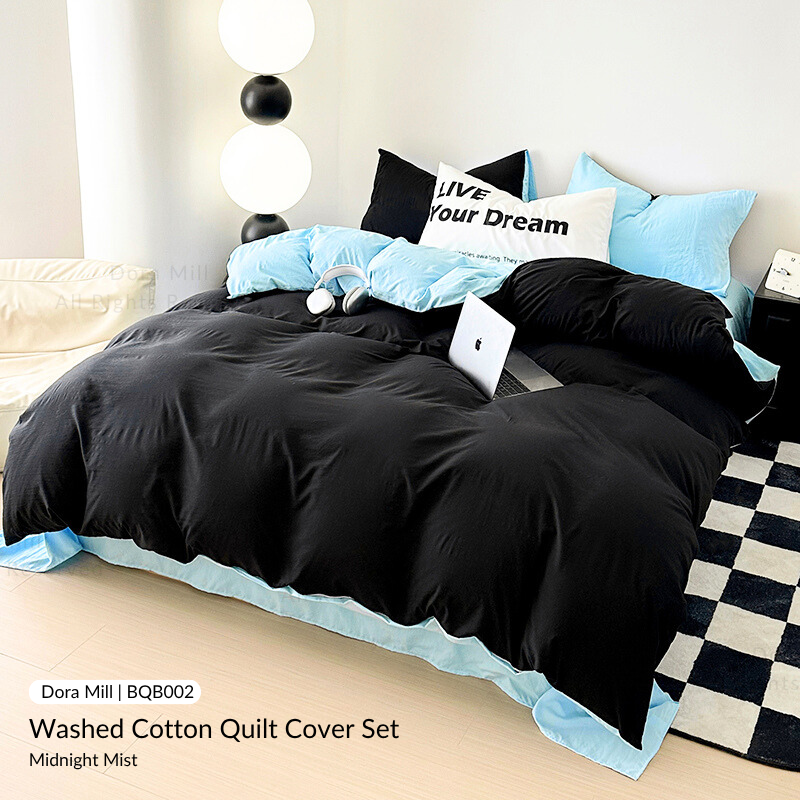 Colorblock Washed Cotton Quilt Cover Bedsheet Set – Soft & Breathable Bedding for Super Single/Queen/King #BQB