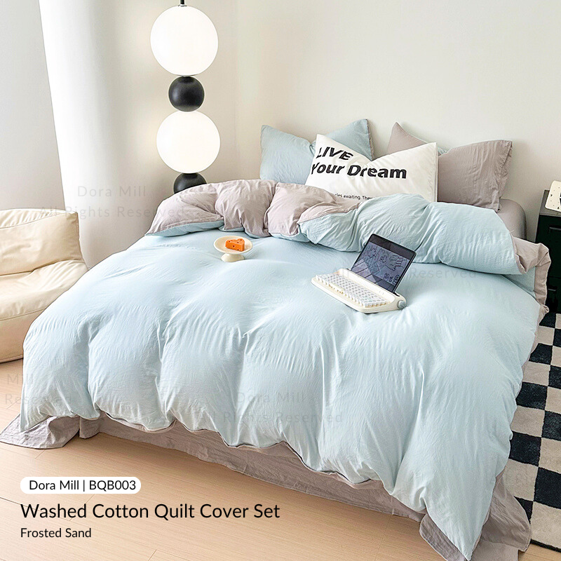 Colorblock Washed Cotton Quilt Cover Bedsheet Set – Soft & Breathable Bedding for Super Single/Queen/King #BQB
