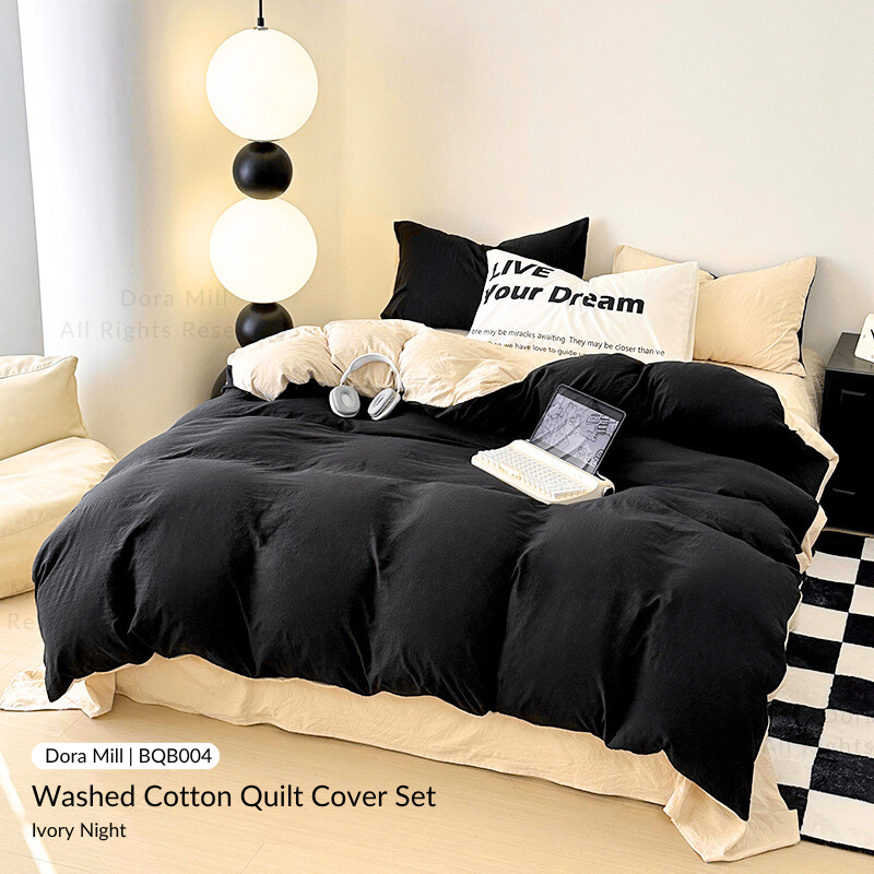 Colorblock Washed Cotton Quilt Cover Bedsheet Set – Soft & Breathable Bedding for Super Single/Queen/King #BQB
