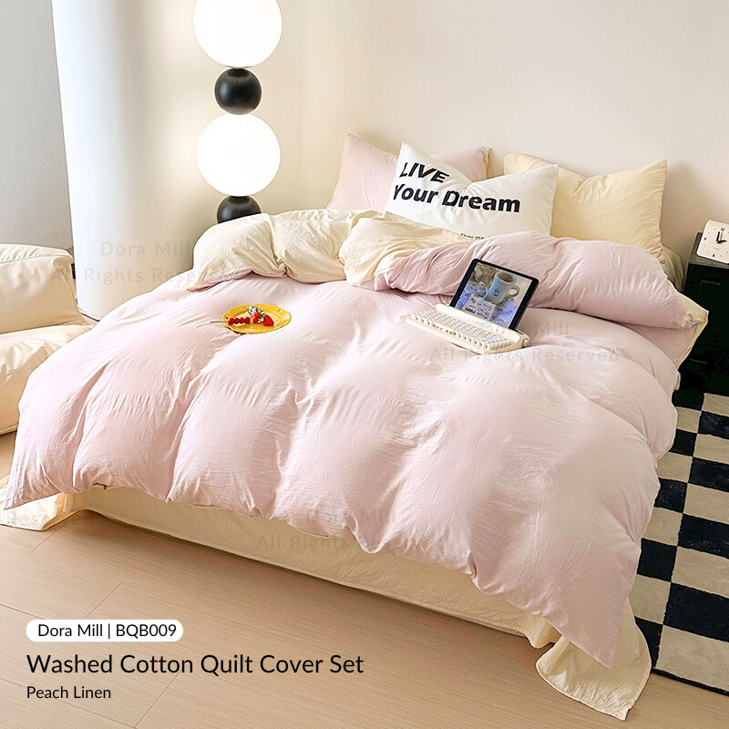 Colorblock Washed Cotton Quilt Cover Bedsheet Set – Soft & Breathable Bedding for Super Single/Queen/King #BQB