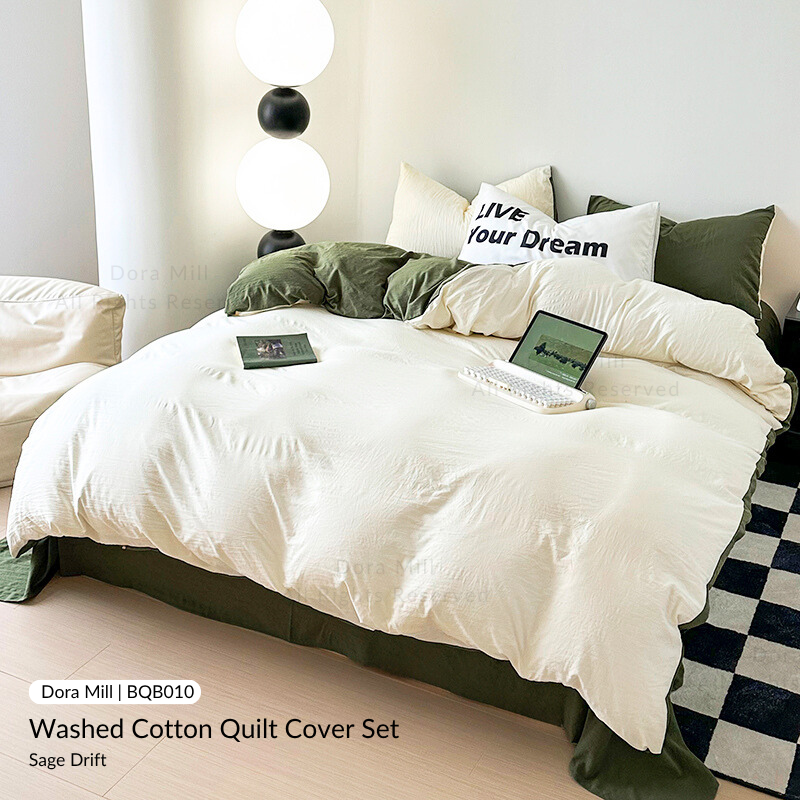 Colorblock Washed Cotton Quilt Cover Bedsheet Set – Soft & Breathable Bedding for Super Single/Queen/King #BQB
