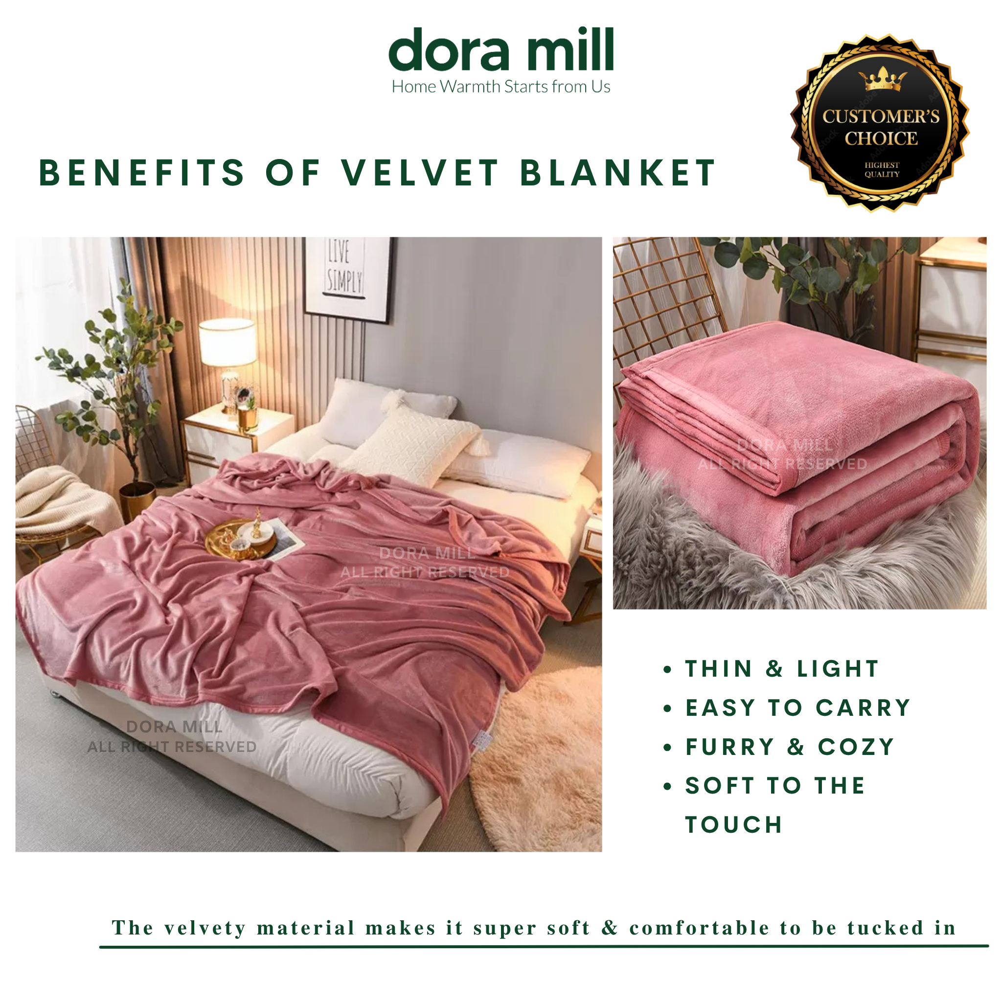 Plain Coral Velvet Fleece Blanket Ultra Soft Warm Throw for Bed or Sofa DORA MILL #BXC