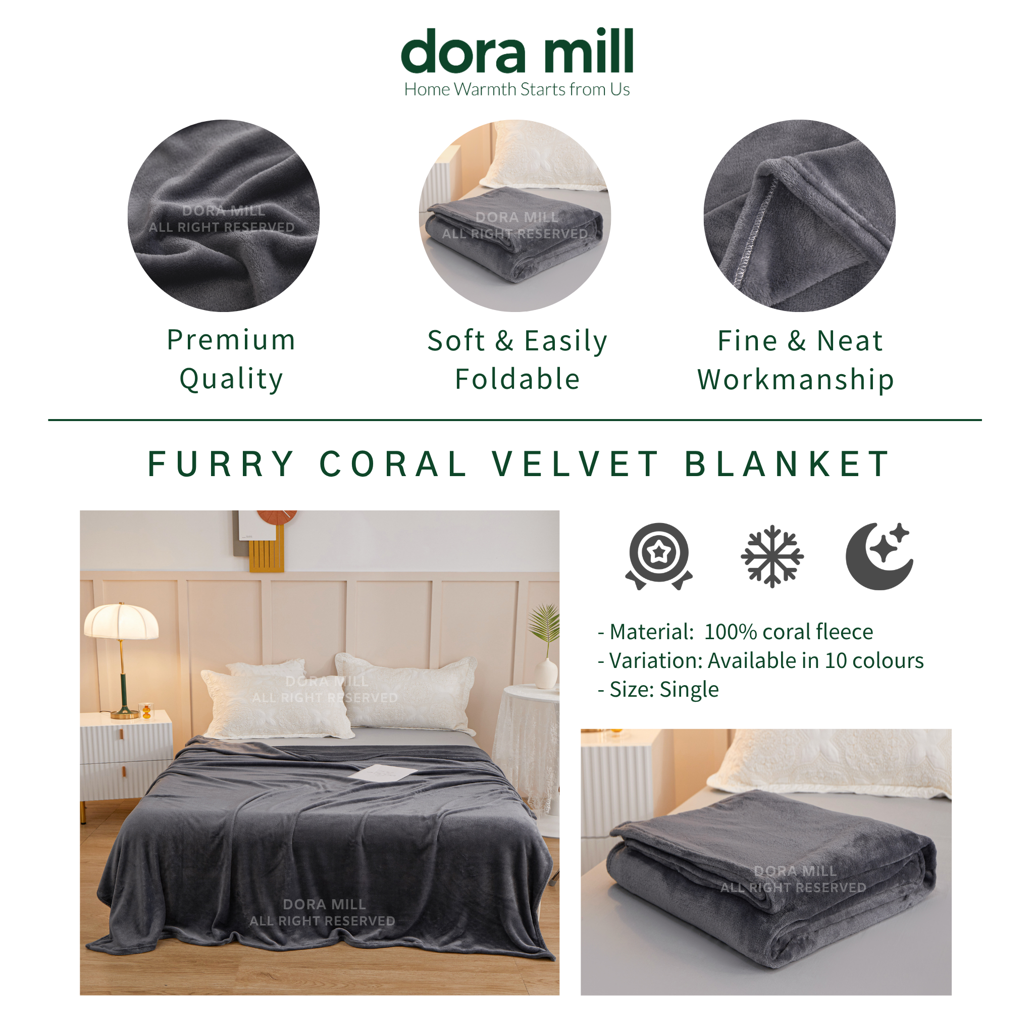 Plain Coral Velvet Fleece Blanket Ultra Soft Warm Throw for Bed or Sofa DORA MILL #BXC