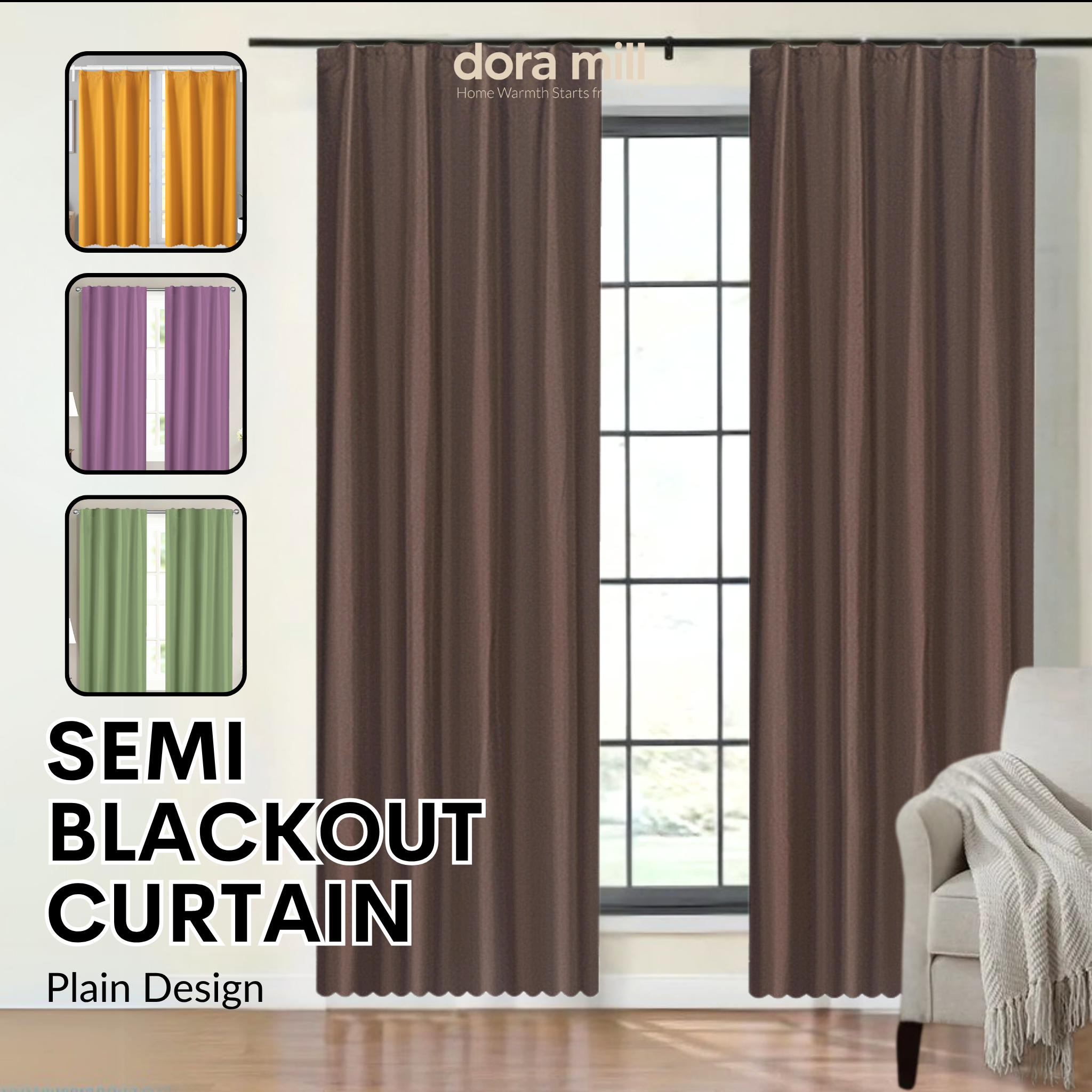 Dora Mill Classic Plain Series Semi Blackout Curtain – 2-in-1 Hook & Rod Use #RCQ