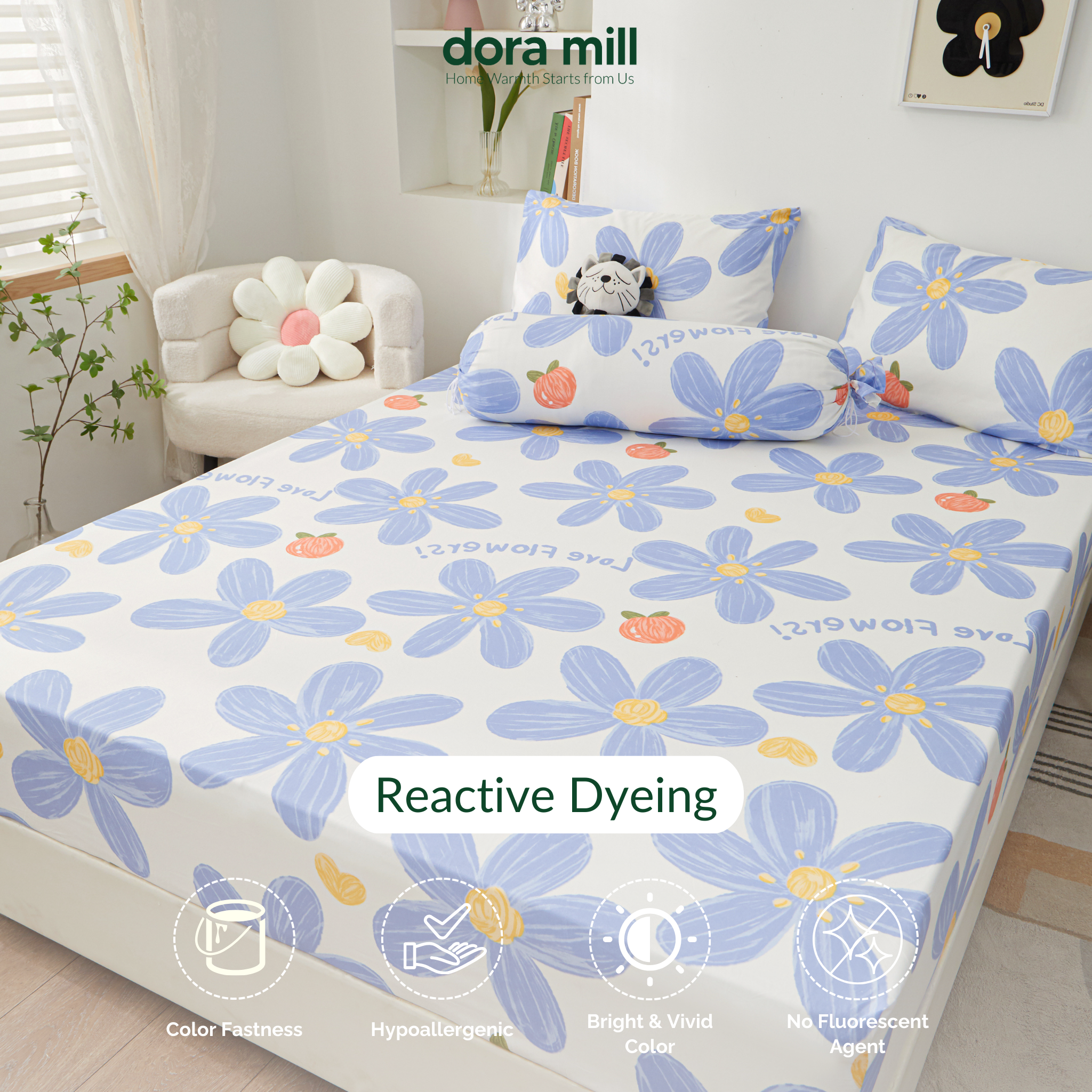 Dora Mill Bunga Series Aloe Cotton Fitted Bedsheet with Pillow & Bolster Case #BBR