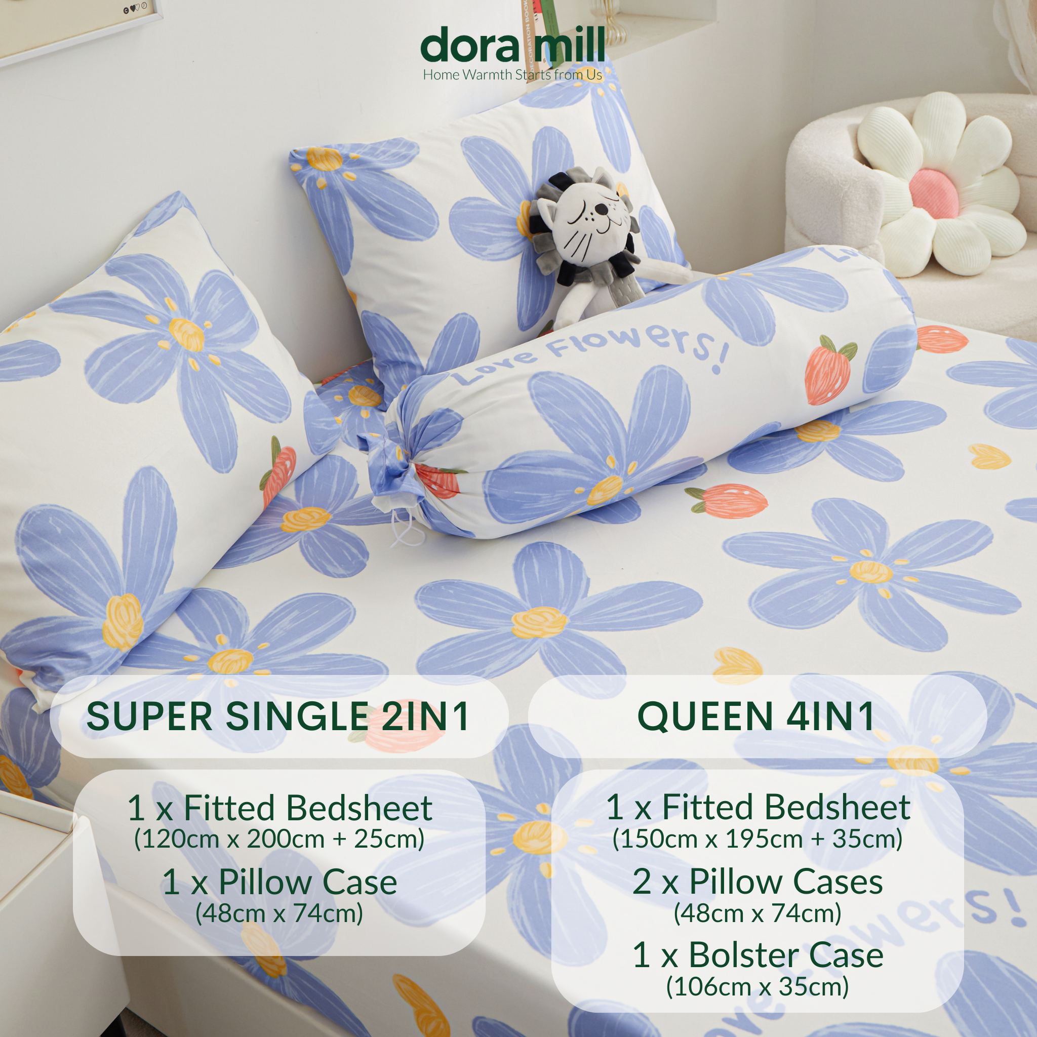Dora Mill Bunga Series Aloe Cotton Fitted Bedsheet with Pillow & Bolster Case #BBR