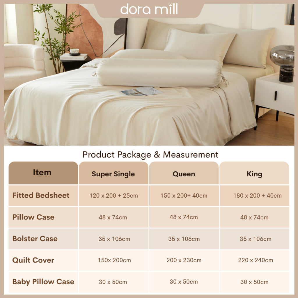 DORAMILL 60S 100% Tencel Lyocell Ultra Soft Fitted Bedsheet Pillow Case Bolster Case Quilt Cover 60S