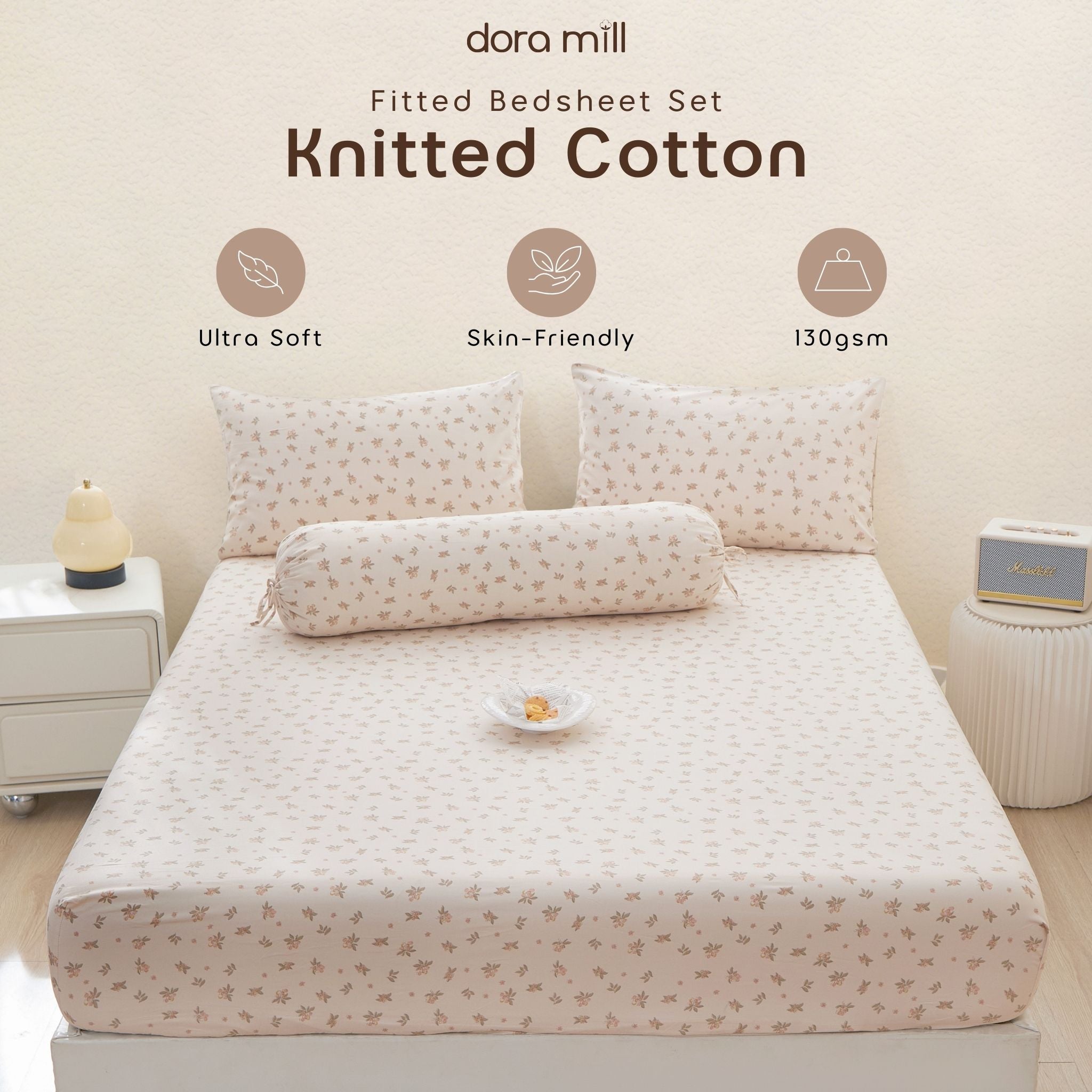 Knitted Cotton Fitted Bedsheet set w/Pillow case & Bolster case