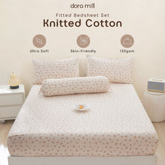 Knitted Cotton Fitted Bedsheet set w/Pillow case & Bolster case